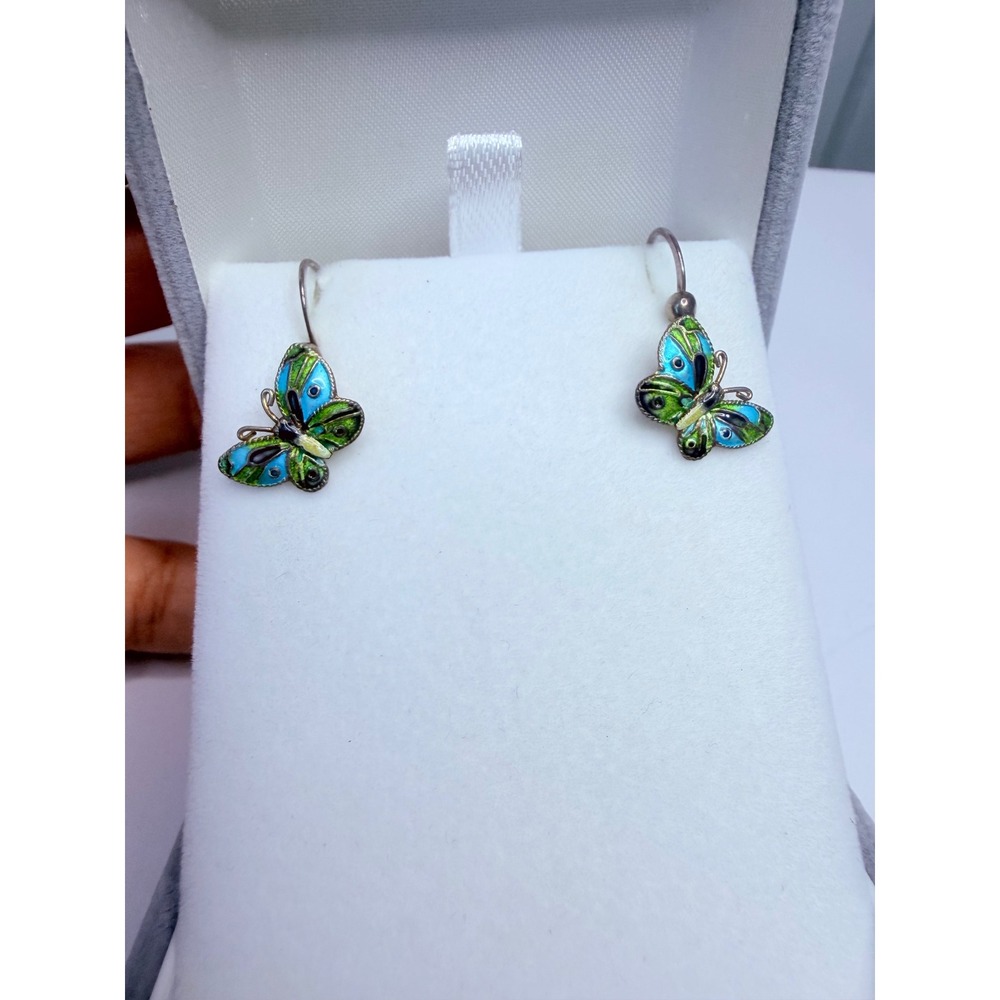 Vintage Sterling Silver Enamel Butterfly Dangle Earrings Blue Green
